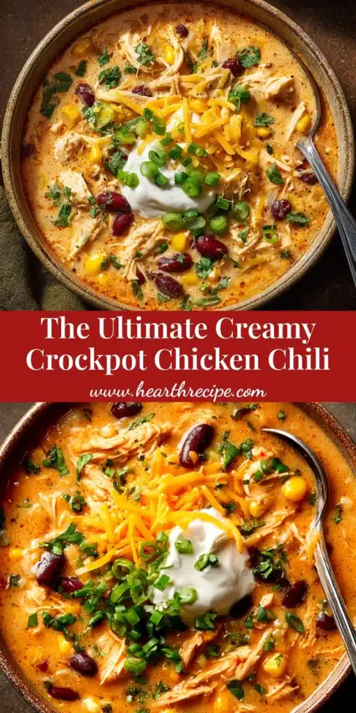 A large white bowl filled with creamy Crockpot Cream Cheese Chicken Chili, garnished with fresh cilantro and shredded cheese. The chili is thick and hearty, showcasing tender shredded chicken, beans, and corn.