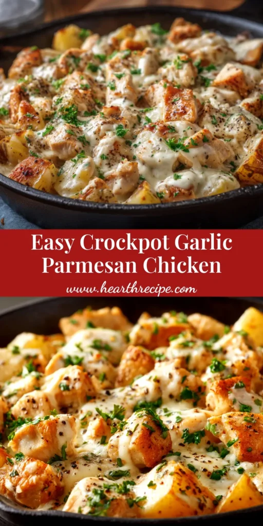 A top-down view of Crockpot Garlic Parmesan Chicken and Potatoes in a white bowl, garnished with fresh parsley. The chicken is shredded and mixed with potatoes in a creamy sauce.