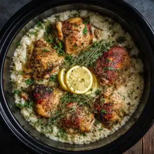 A top-down view of the finished crockpot lemon herb chicken served on a plate with a side of fluffy white rice and garnished with fresh herbs.