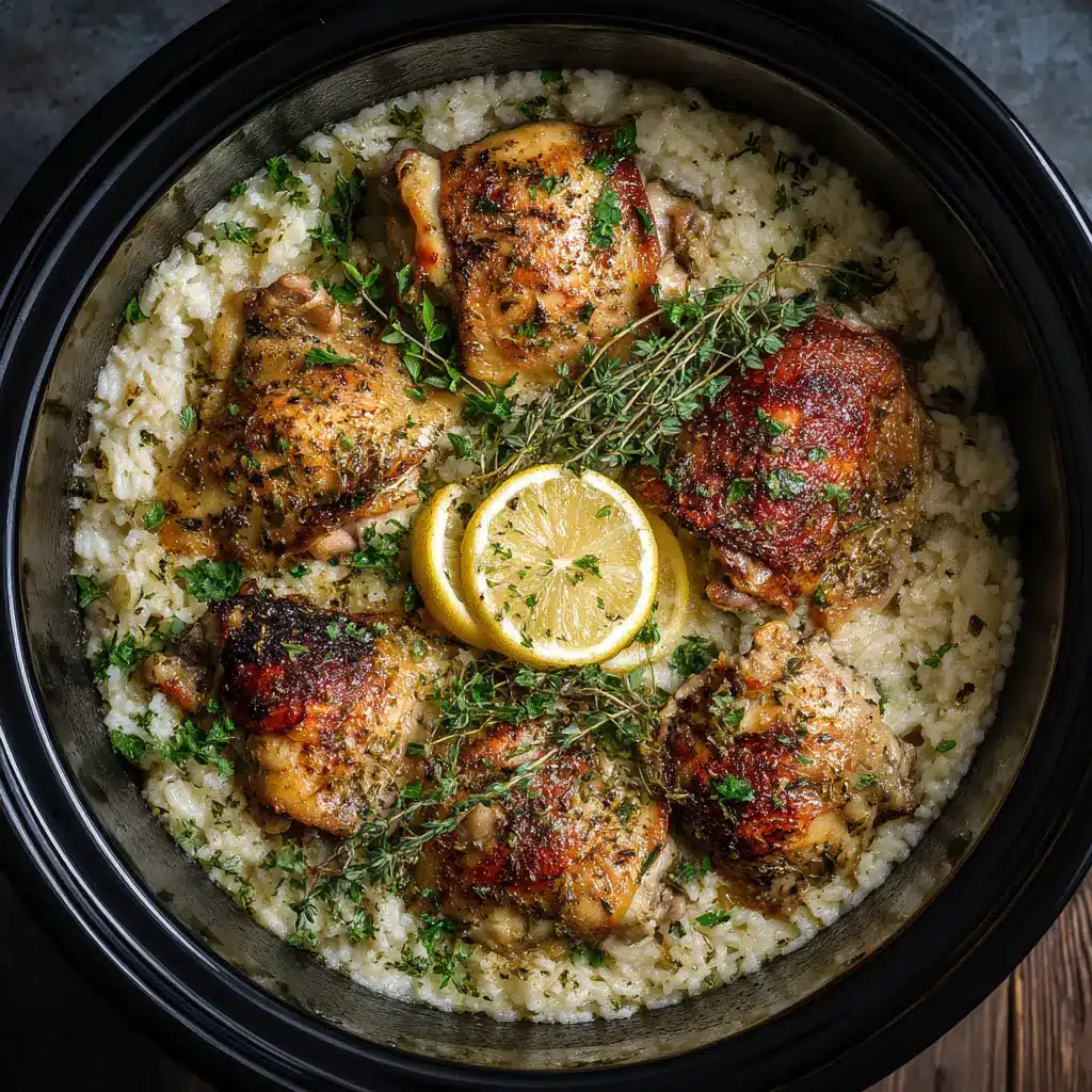 A top-down view of the finished crockpot lemon herb chicken served on a plate with a side of fluffy white rice and garnished with fresh herbs.