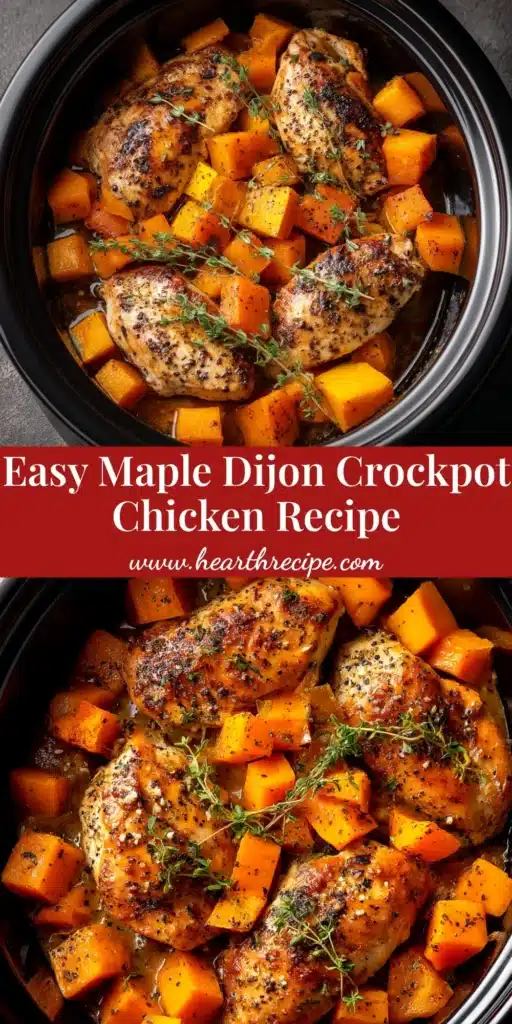An overhead shot of Crockpot Maple Dijon Chicken in a white serving dish, garnished with fresh herbs. The chicken is coated in a glossy, golden-brown sauce.