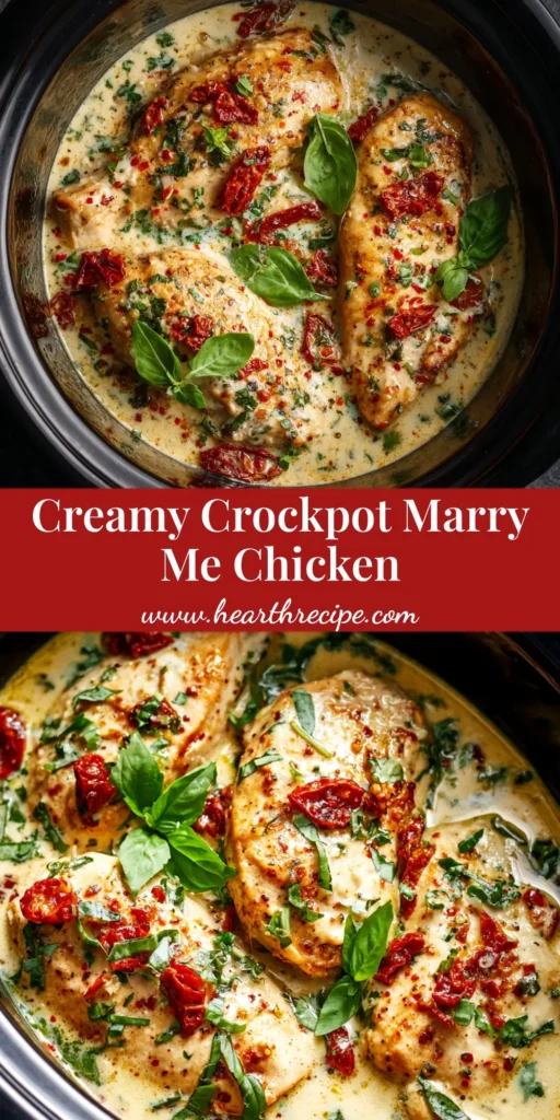 A shareable pin image for the Crockpot Marry Me Chicken recipe, showing the creamy chicken and sun-dried tomatoes in a white bowl, ready to be served.