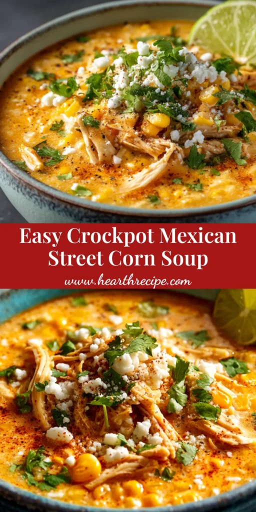 A delicious bowl of Crockpot Mexican Street Corn Soup garnished with cotija cheese, cilantro, and a lime wedge, ready to be pinned.