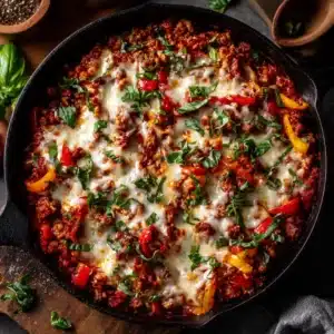 A close-up view of the crustless pizza bowl, showing the melted mozzarella cheese and savory meat sauce.