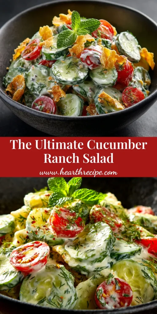 A large glass serving bowl filled with creamy Cucumber Ranch Salad, garnished with fresh dill and ready for a summer potluck.