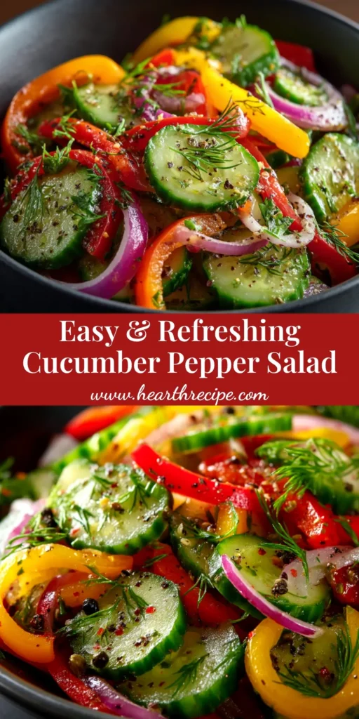 An overhead shot of a vibrant Cucumber Sweet Pepper Salad in a white bowl, ready to be served. The perfect refreshing summer side dish recipe.