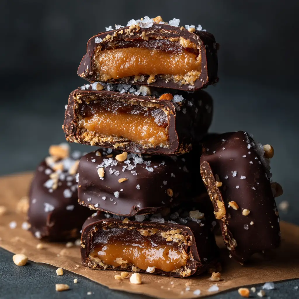 Date Snickers Recipe (The Viral Healthy Treat) 1 A date snicker cut in half, revealing the creamy peanut butter filling and crunchy peanuts inside the Medjool date.