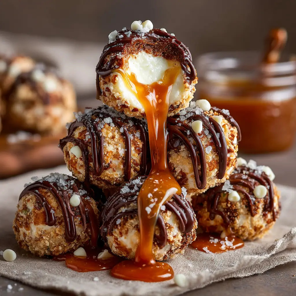 A process shot showing the cheesecake balls being dipped into a bowl of melted chocolate before being set.