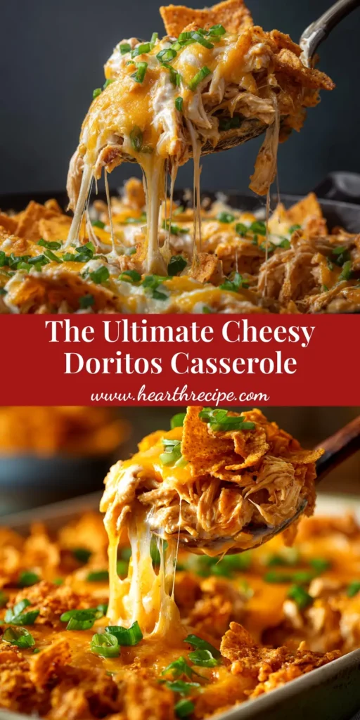 A top-down view of a golden, cheesy Doritos Casserole with Chicken in a white baking dish, ready to be served. The perfect easy weeknight dinner idea.