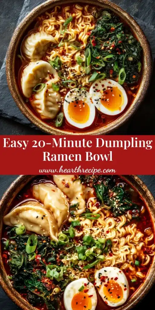 A delicious and easy Dumpling Ramen Recipe in a white bowl, garnished with a soft-boiled egg and green onions. The perfect 20-minute weeknight meal.