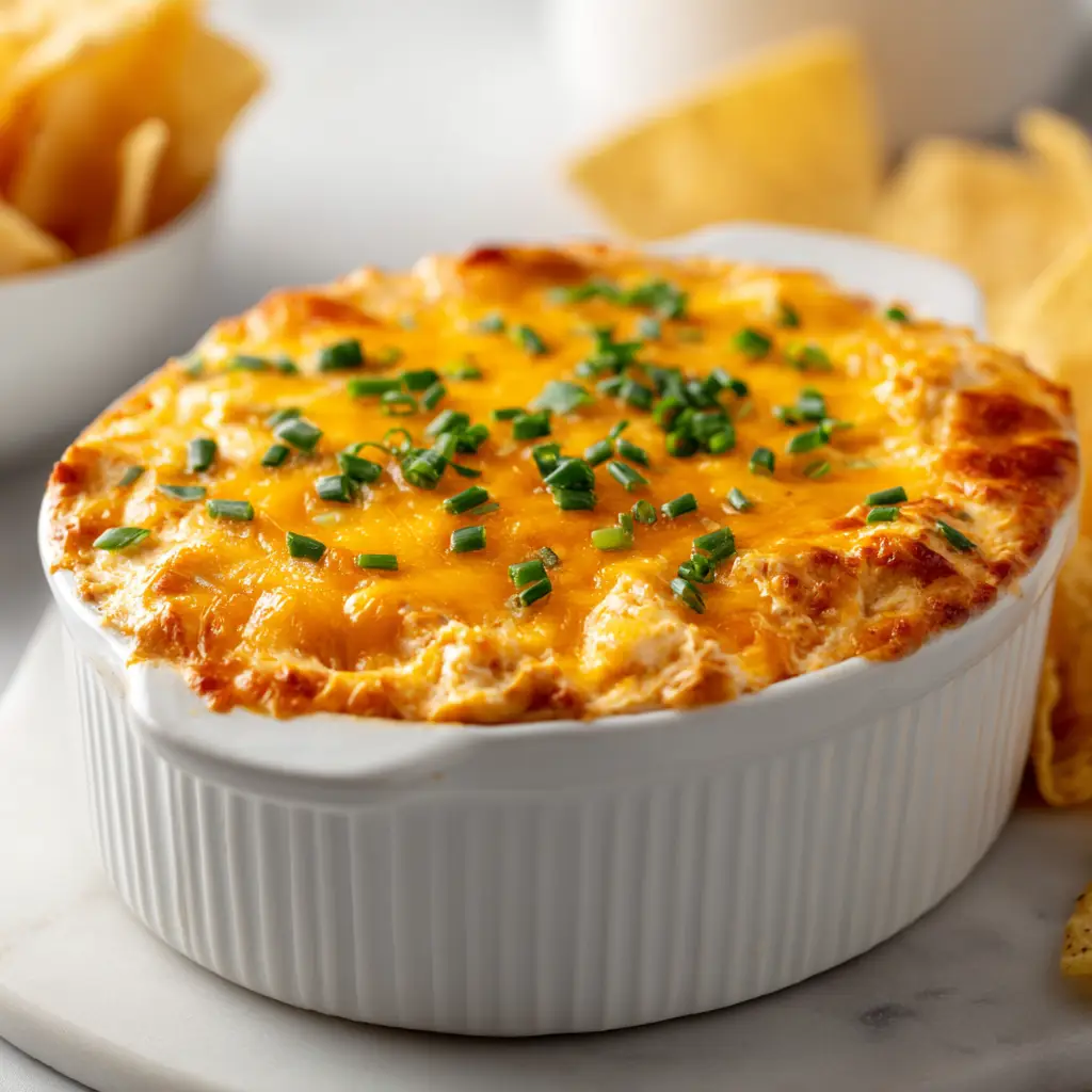 The ingredients for buffalo chicken dip laid out: cream cheese, shredded chicken, hot sauce, ranch, and cheddar cheese.