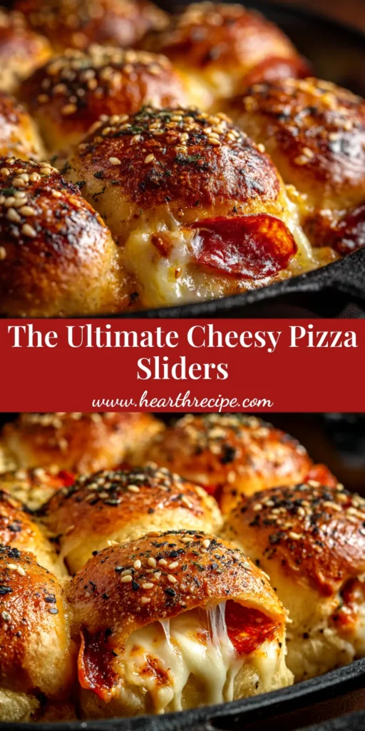 A pan of delicious Pizza Sliders fresh from the oven, showing cheesy pepperoni pull-apart rolls with a golden garlic butter topping. The perfect easy party food recipe.