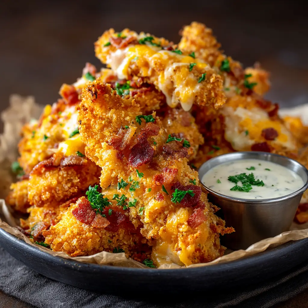 Crack Chicken Tenders (The Only Recipe You'll Ever Need) 1 A single crack chicken tender on a plate, showcasing the creamy ranch and cream cheese sauce under the melted cheddar and bacon.