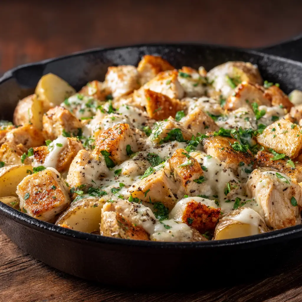 A scoop of the finished crock pot chicken and potatoes on a spoon, ready to be eaten. The dish is garnished with fresh herbs.