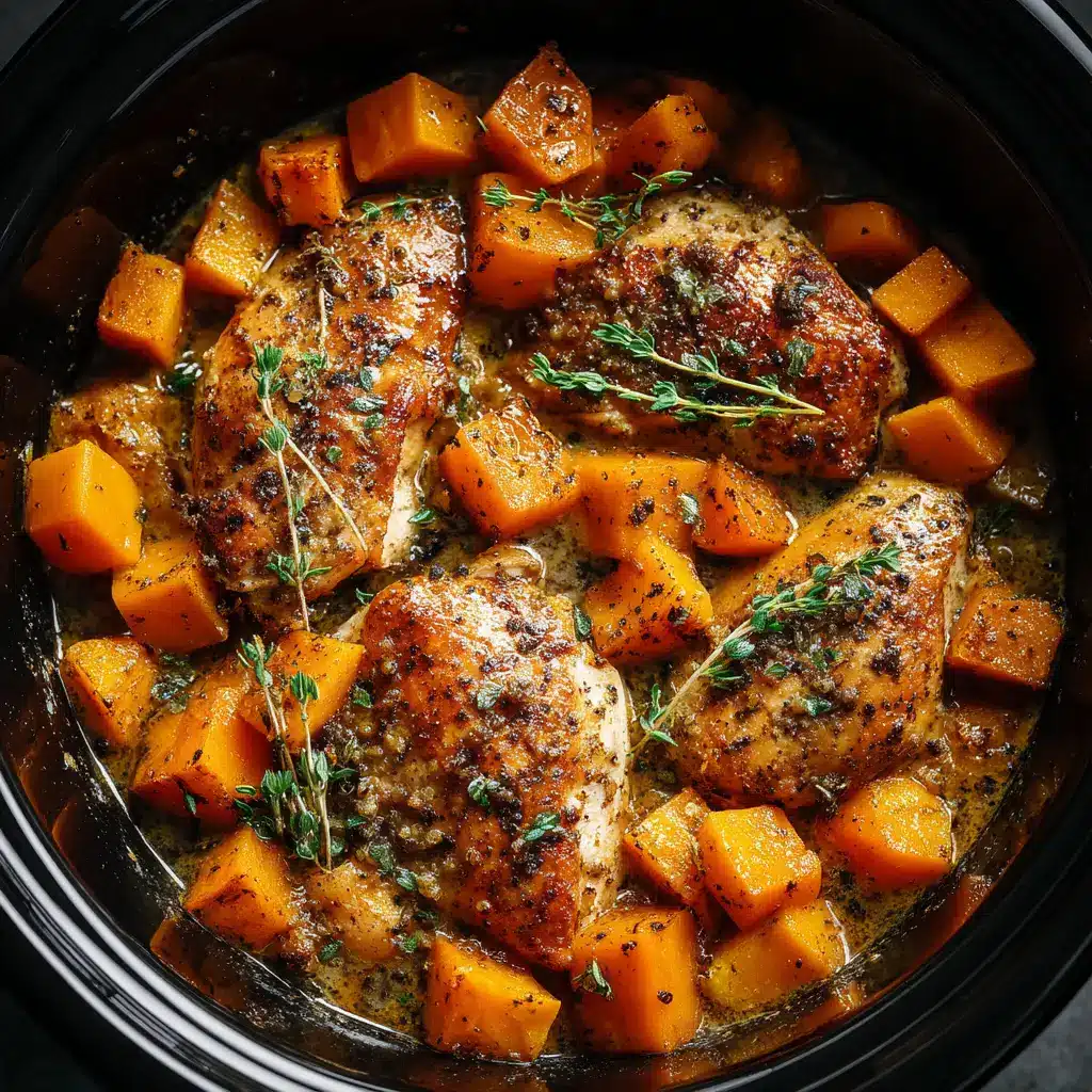 A plated serving of easy crockpot maple dijon chicken next to a side of roasted asparagus and mashed potatoes.