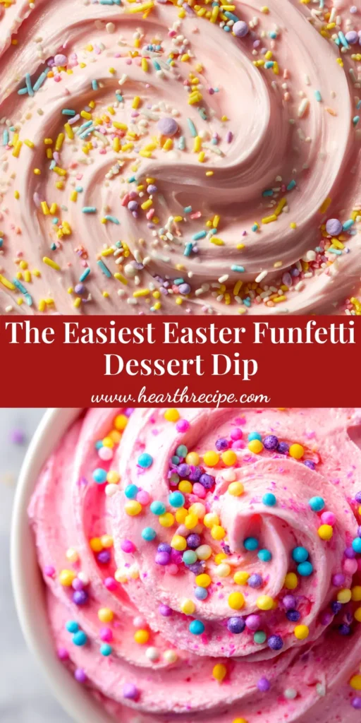 A shareable pin image of a festive Easter dessert dip in a white bowl, surrounded by colorful Easter eggs and dippers like cookies and fruit.