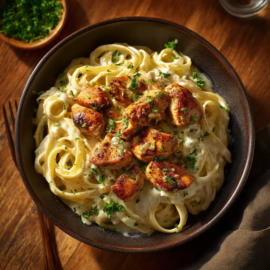 A beautiful serving of the finished garlic butter chicken pasta in a rustic bowl, showing the rich texture of the dish.
