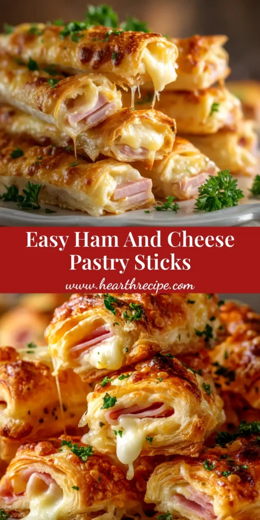 A platter of golden-brown baked ham and cheese sticks. These easy puff pastry appetizers are perfect for parties and quick snacks. The ultimate ham and cheese roll ups recipe!