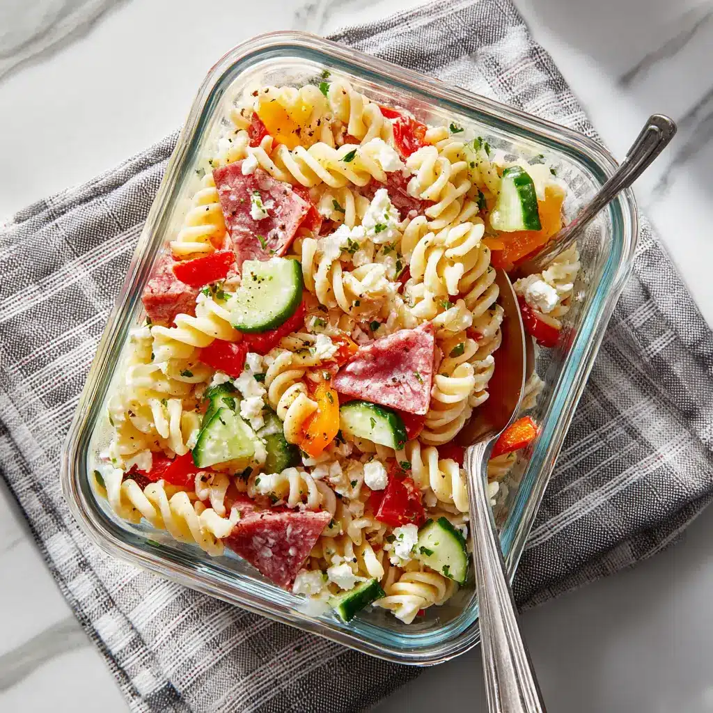 A close-up shot of the High-Protein Italian Pasta Salad, showing the texture of the rotini pasta, mozzarella pearls, and zesty dressing.