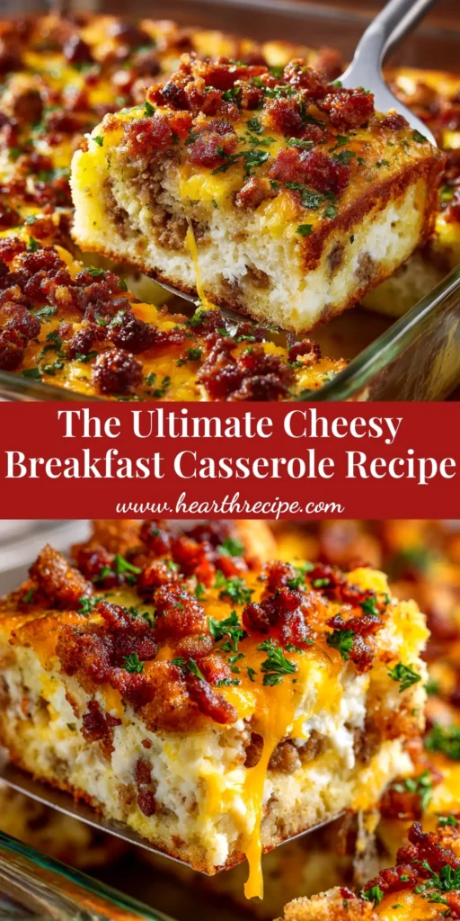 A delicious and easy make-ahead breakfast casserole in a white baking dish, showing a sliced portion with sausage, egg, and melted cheese.