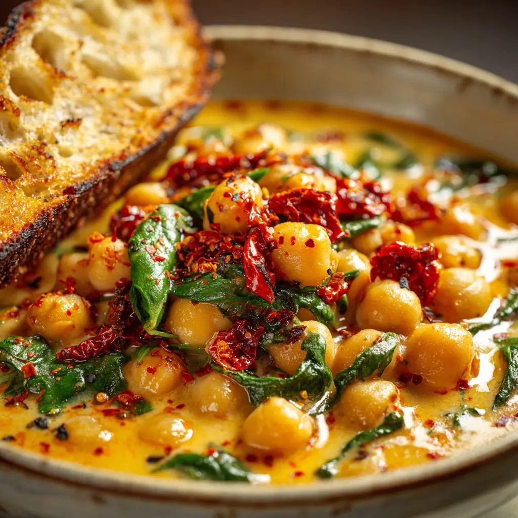 A spoonful of the finished Marry Me Chickpeas being lifted from a bowl, showing the delicious texture and ingredients.