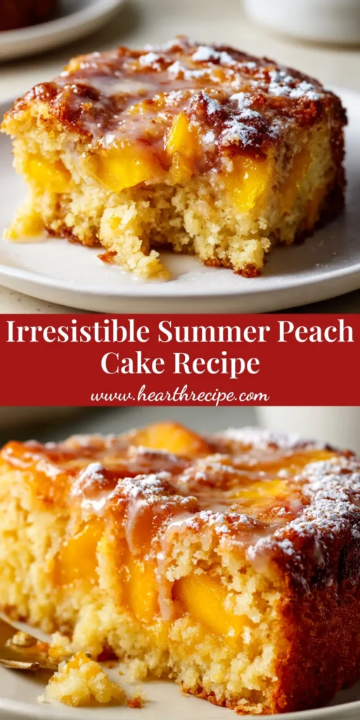 A beautiful overhead shot of a finished peach cake recipe on a rustic wooden table, with fresh peaches nearby. The cake is golden brown and topped with sliced peaches.
