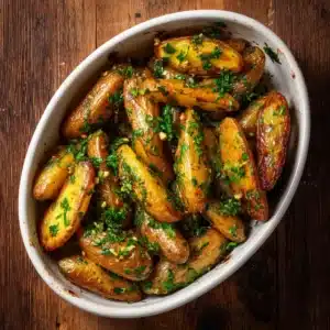 A close-up shot of golden brown, crispy roasted fingerling potatoes on a baking sheet fresh out of the oven, sprinkled with fresh parsley.