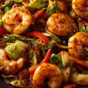 A close-up macro shot of the easy shrimp stir fry, showing the glossy garlic ginger sauce coating a piece of shrimp and crisp cabbage.