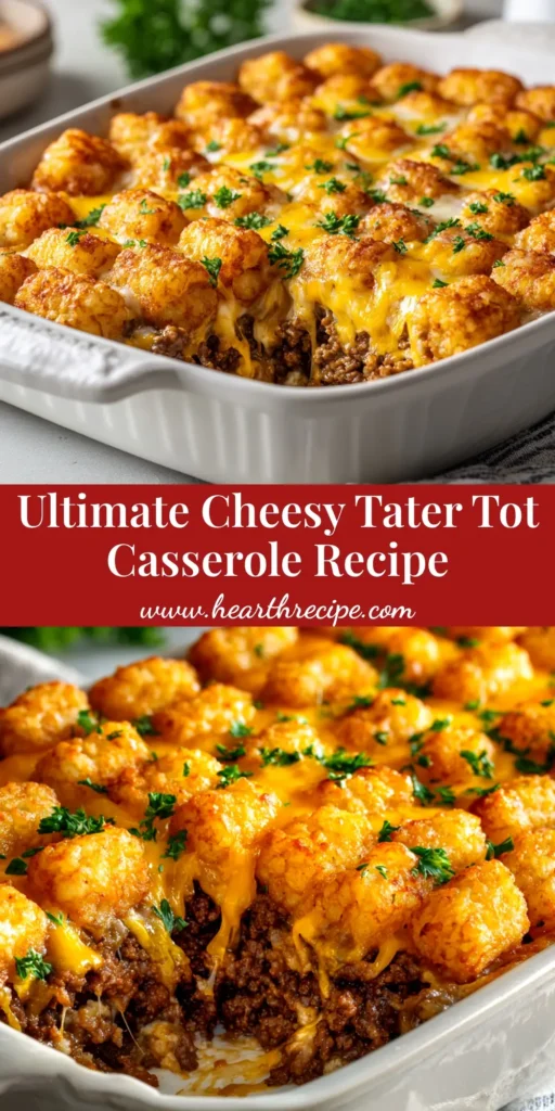A delicious and easy Tater Tot Casserole in a baking dish, topped with golden brown tater tots and melted cheddar cheese. A perfect weeknight dinner idea.