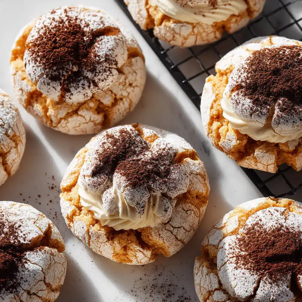 A top-down view of several tiramisu cookies with mascarpone filling, highlighting the easy tiramisu cookie recipe process.