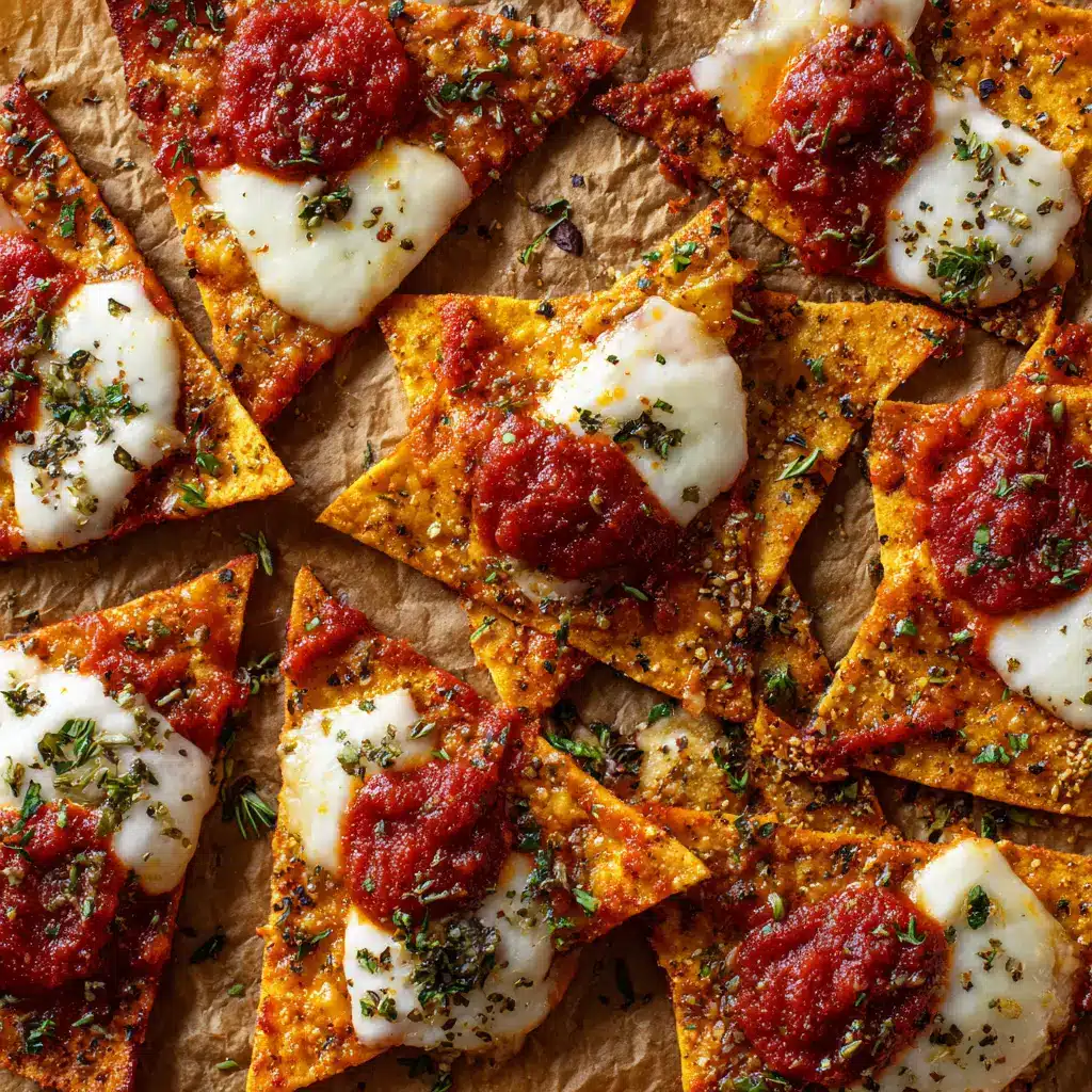 A lifestyle shot of easy tortilla pizza snacks being dipped into a bowl of marinara sauce. This shows a popular way to enjoy the finished pizza chips.