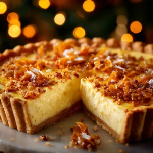 A close-up side view of an Eggnog Tart slice, showcasing the creamy eggnog custard filling and the crisp gingersnap crust.