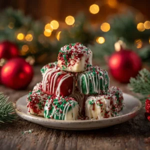 A close-up view of festive cheesecake bites arranged on a white serving dish, highlighting their creamy texture and colorful holiday decorations.
