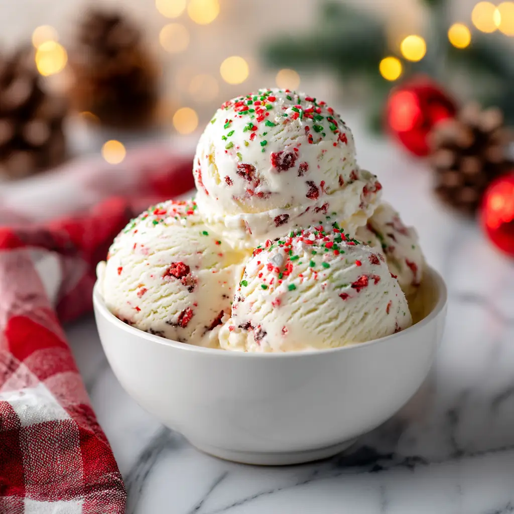 Christmas Cookie Ice Cream (The Easiest Festive Recipe!) 1 A close-up of the texture of the festive ice cream recipe, highlighting the colorful sprinkles and cookie bits.