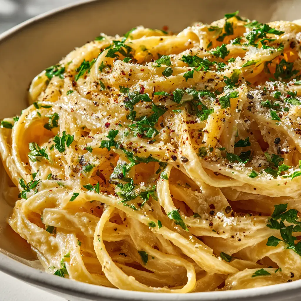A fork twirling fettuccine coated in a savory Japanese-Italian fusion Miso Pasta Sauce, ready to be eaten.