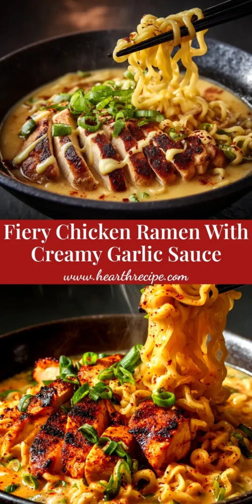 A beautiful bowl of Fiery Chicken Ramen, with vibrant red broth, tender chicken, a perfect soft-boiled egg, and fresh green onions.