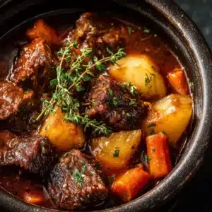 An overhead view of the finished beef stew in a large dutch oven, showcasing the tender chunks of stew beef and vegetables in a thick gravy.
