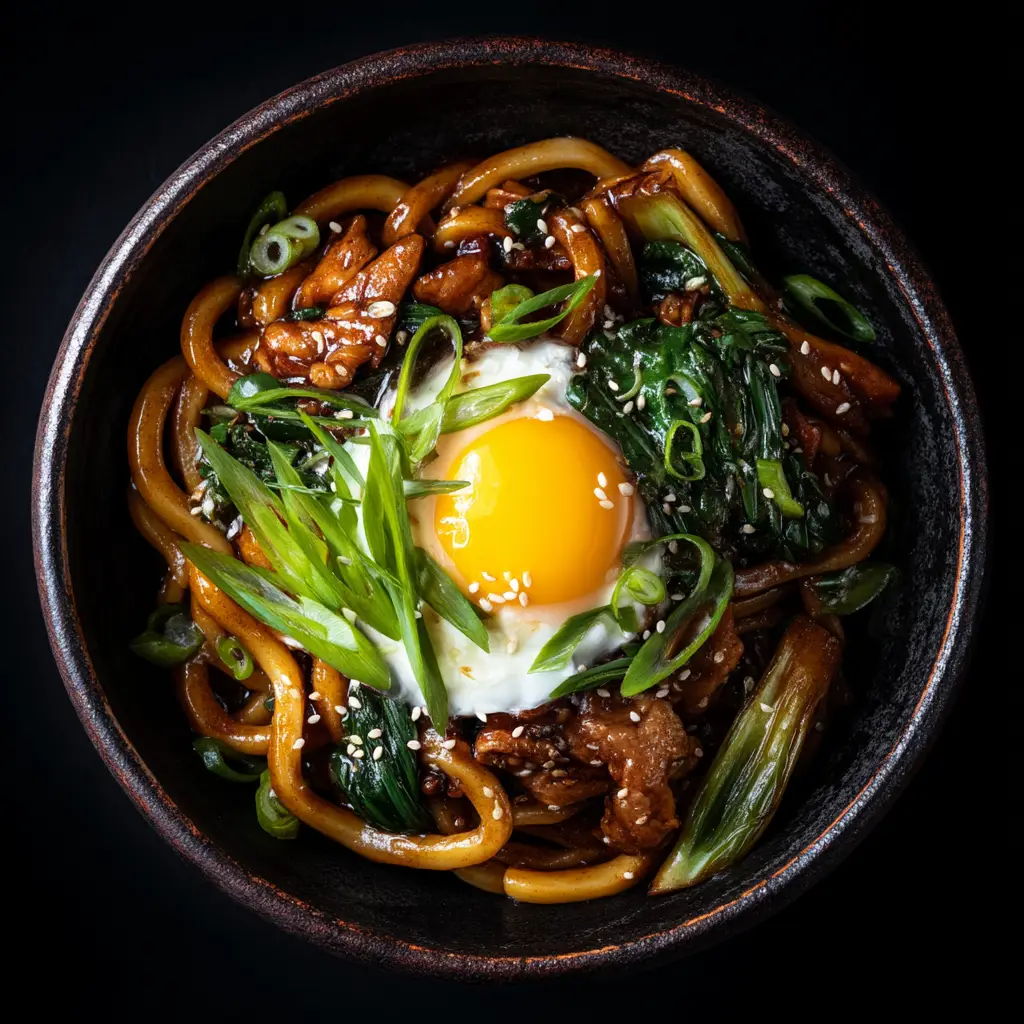 A steaming bowl of freshly made Yaki Udon, garnished with green onions and sesame seeds, ready to be eaten.