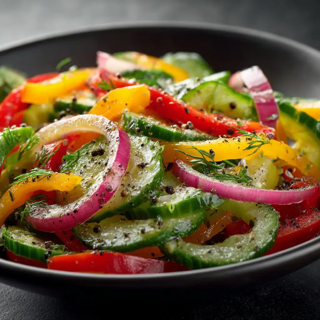 A beautiful shot of the finished refreshing summer salad, tossed with a light vinaigrette and fresh herbs.