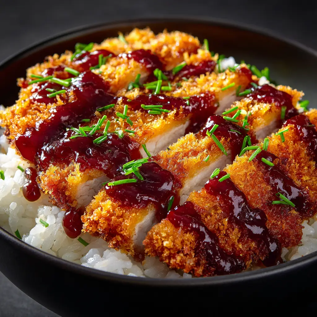 A beautifully assembled Japanese Katsu Bowl, garnished with fresh green scallions. The crispy pork cutlet and soft egg are visible over a bed of steamed rice.