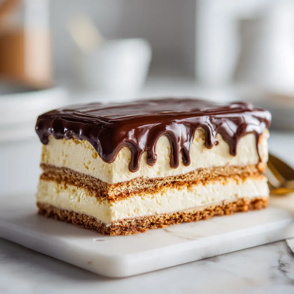The full 9x13 dish of the no-bake chocolate eclair cake, showing the glossy chocolate ganache topping before being sliced and served.