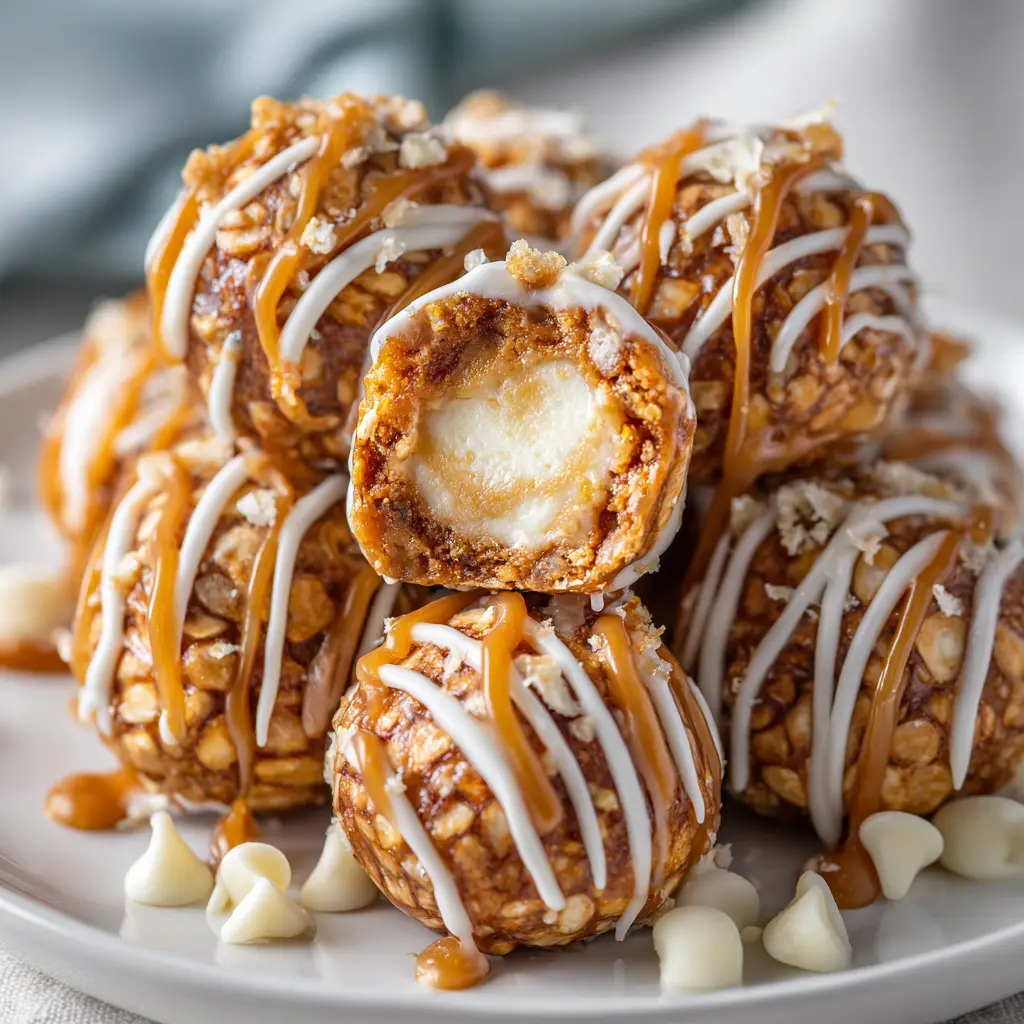 A final platter of finished sweet and salty cheesecake bites, drizzled with golden salted caramel sauce.