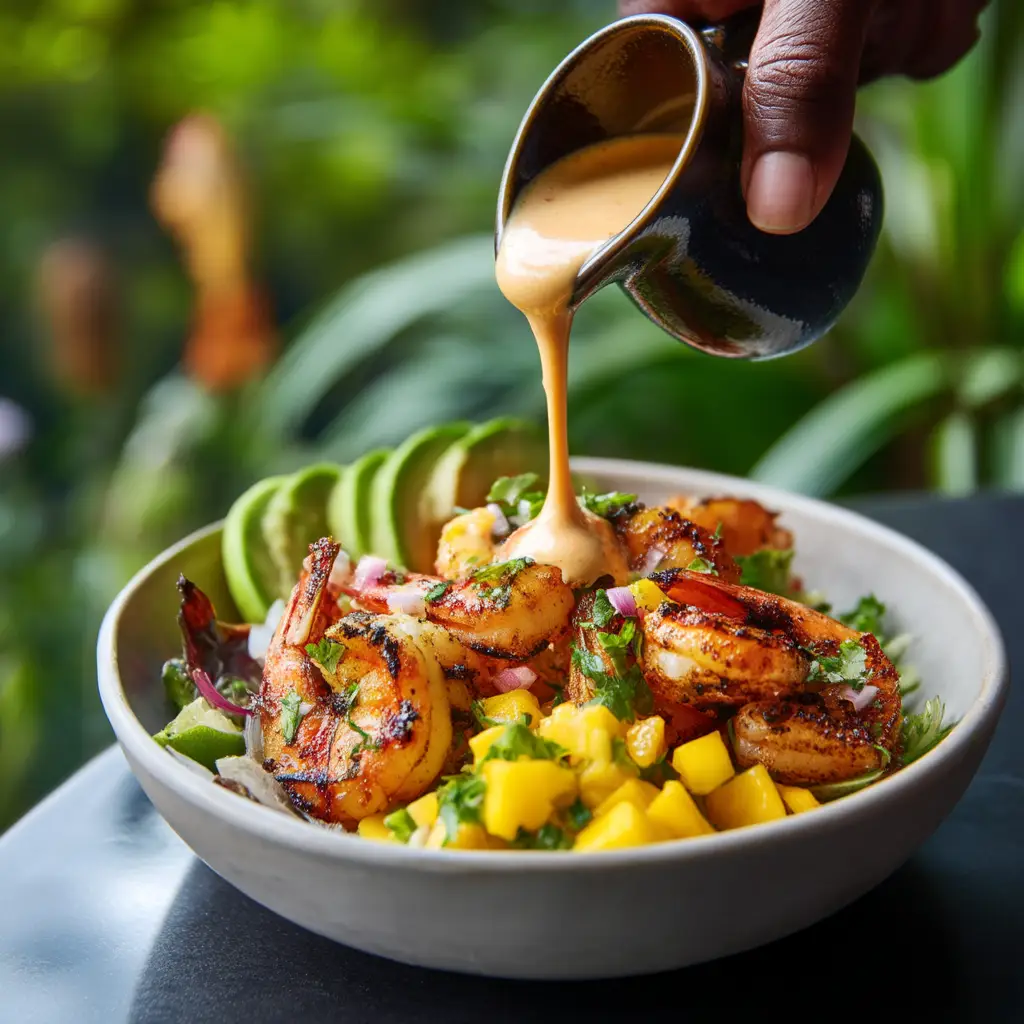 Shrimp and Avocado Bowls (The Ultimate 20-Minute Recipe) 1 A beautiful overhead view of a completed Shrimp and Avocado Bowl, highlighting the fresh ingredients like cherry tomatoes, corn, and perfectly seared shrimp.