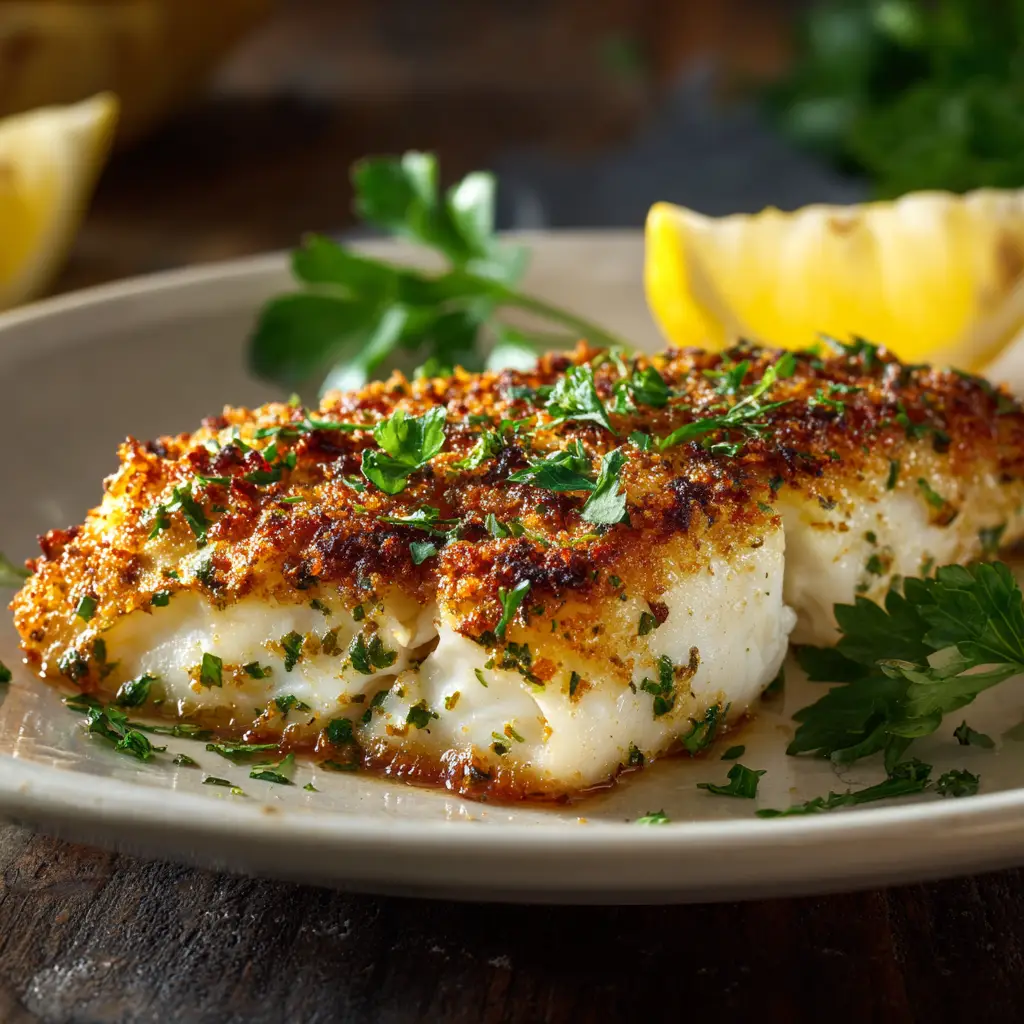 Four fillets of garlic parmesan halibut being flaked with a fork to show the tender, juicy interior beneath the crunchy crust.