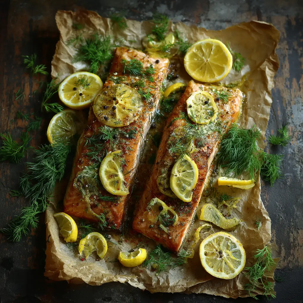 A fork flaking a piece of cooked lemon dill salmon to show its moist and tender texture.