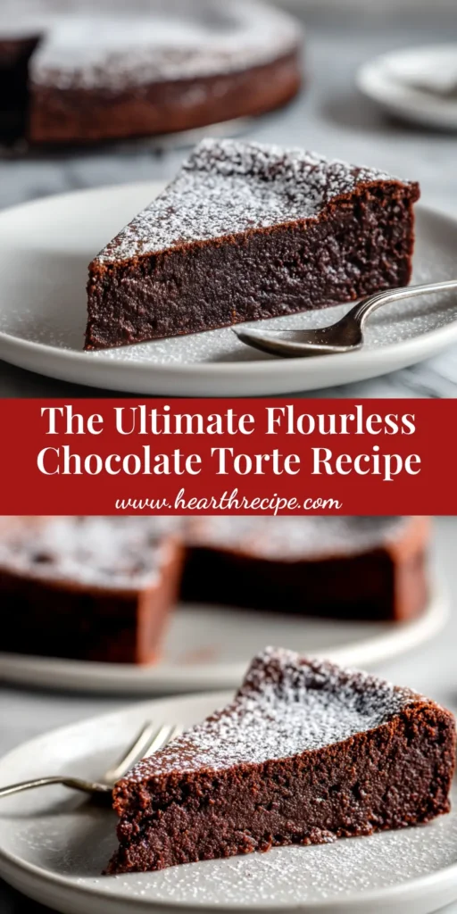 Flourless Chocolate Torte Recipe 4 A stunning overhead view of a complete flourless chocolate torte recipe, dusted with cocoa powder and garnished with fresh raspberries.