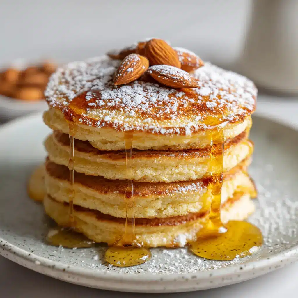 A close-up shot of fluffy almond flour pancakes, showing the light and airy texture, served on a white plate with fresh berries.