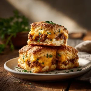 A close-up shot of a stack of three fluffy buttermilk biscuits, showcasing their tender texture and golden tops.