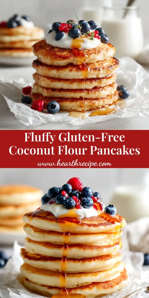 A tall stack of fluffy coconut flour pancakes topped with fresh blueberries, raspberries, and a drizzle of maple syrup. The perfect healthy, low-carb, and gluten-free breakfast idea.