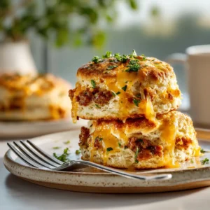 A savory sausage and cheese butter swim biscuit broken in half to show the fluffy, cheesy interior.